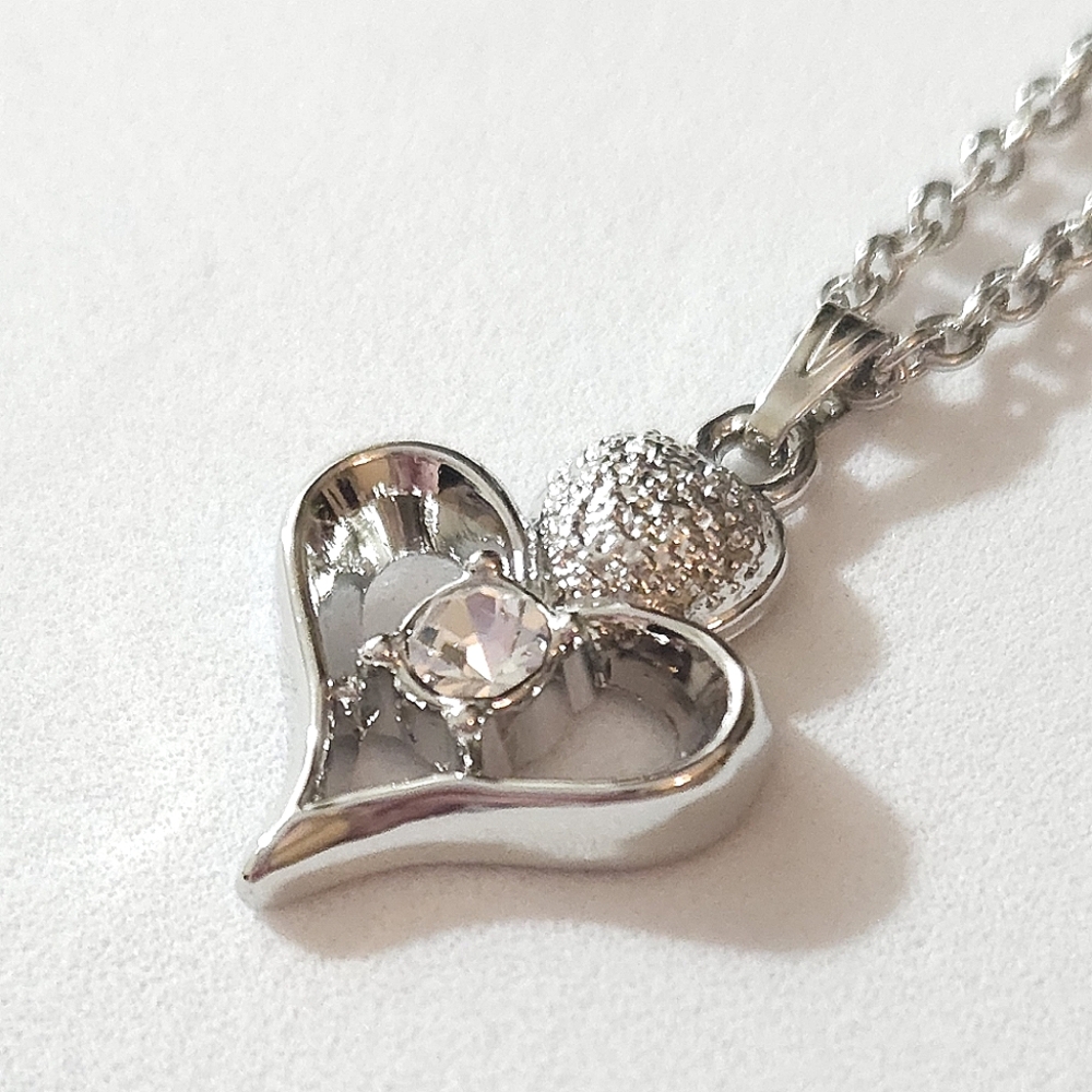 Vintage Silver Crystal Heart Pendant Necklace Stainless Stain